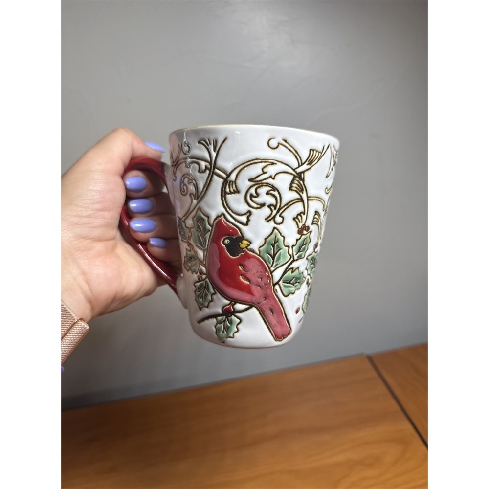 Ceramic Cardinal Christmas Coffee Tea Mug Embossed Holly Stoneware Winter